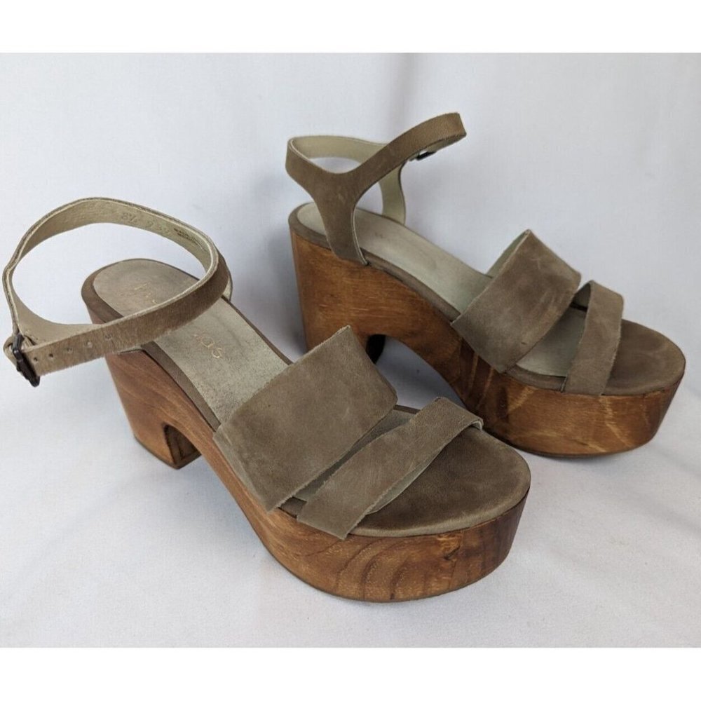 Five Worlds 8.5 Cordani Wood Platform Chunky Open Toe Leather Heels Sandals 70's